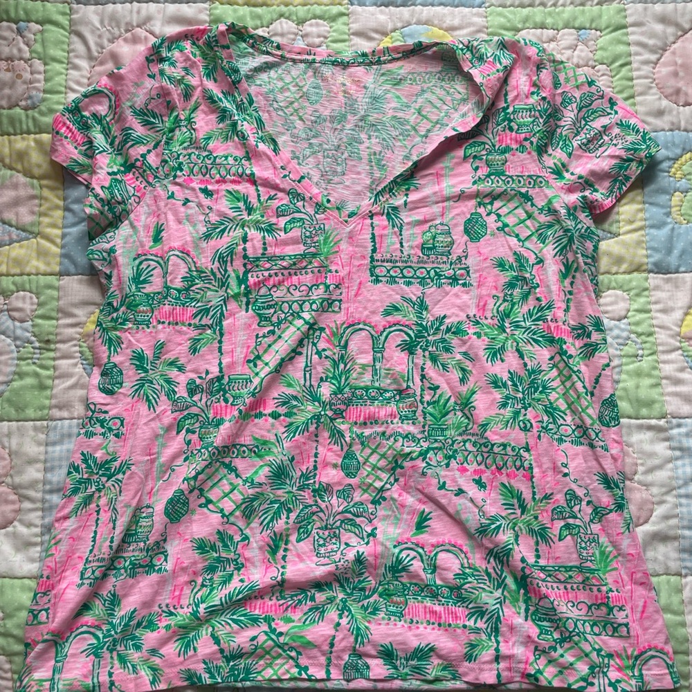 LILLY PULITZER XL ETTA TEE SHIRT PINK AND GREEN TROPICAL